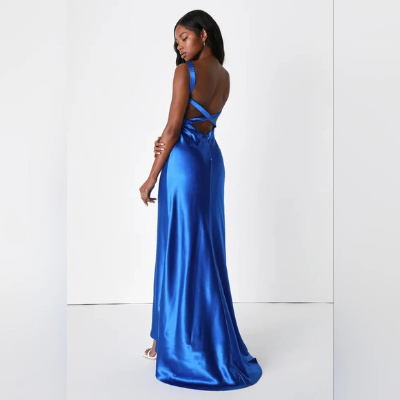 Lulus Perfectly Classy Royal Blue Satin Strappy Maxi Dress Wedding Party Prom - Picture 5 of 8